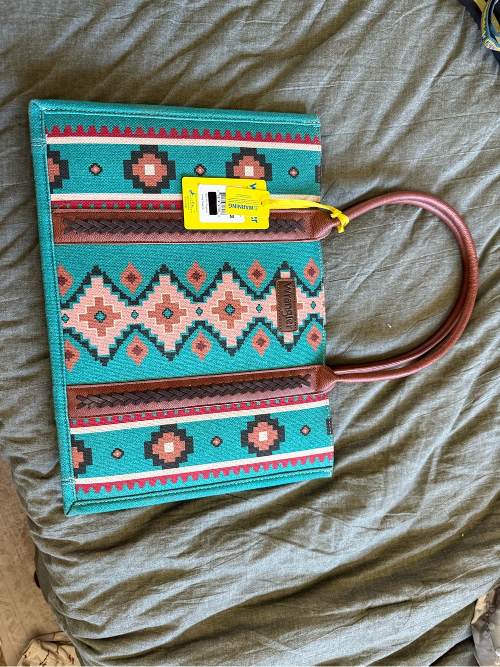 Wrangler Turquoise Aztec Print Tote Bag with Brown Handles